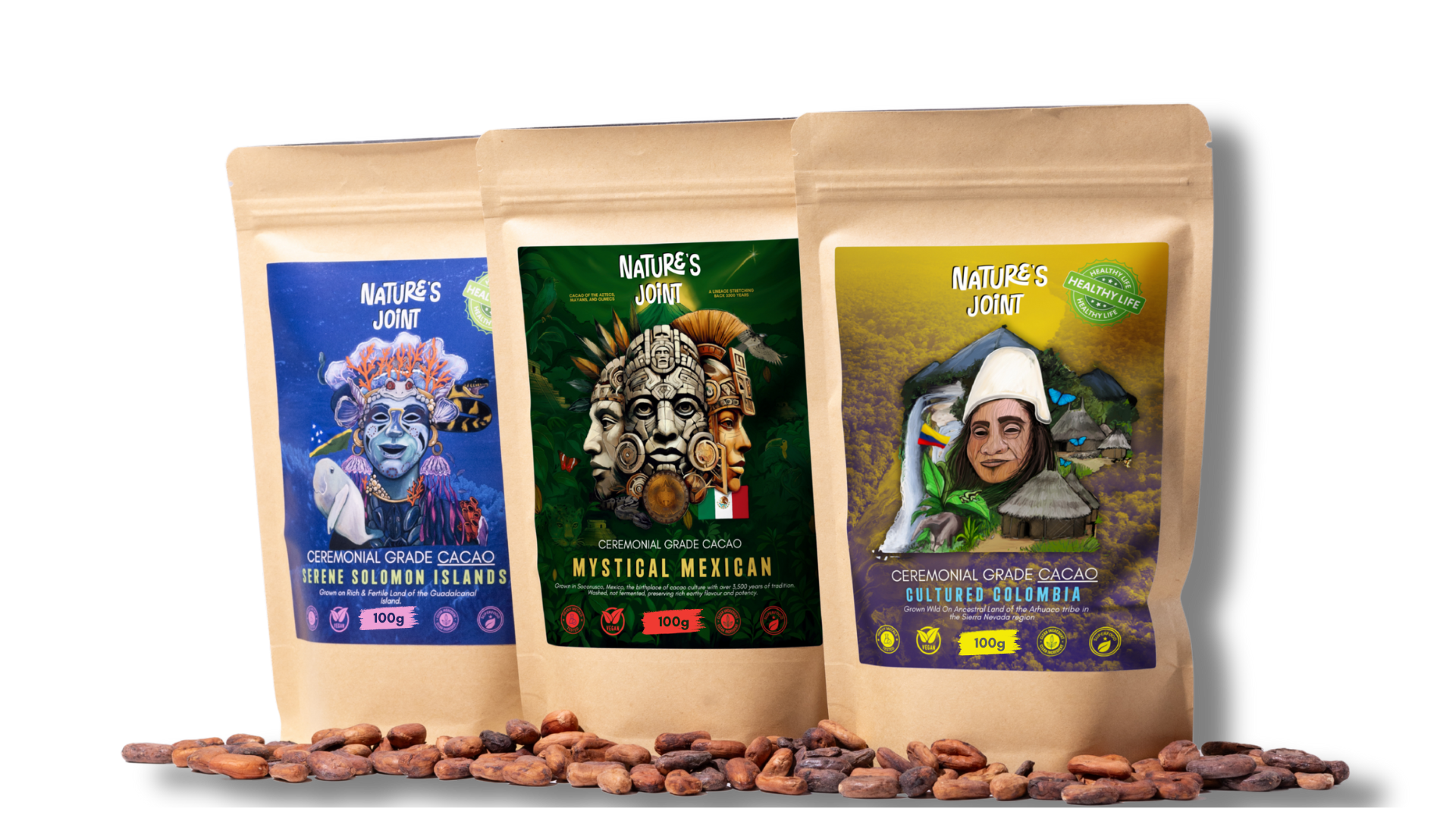 Three packages of Nature's joint Cacao with colorful labels on a green background
